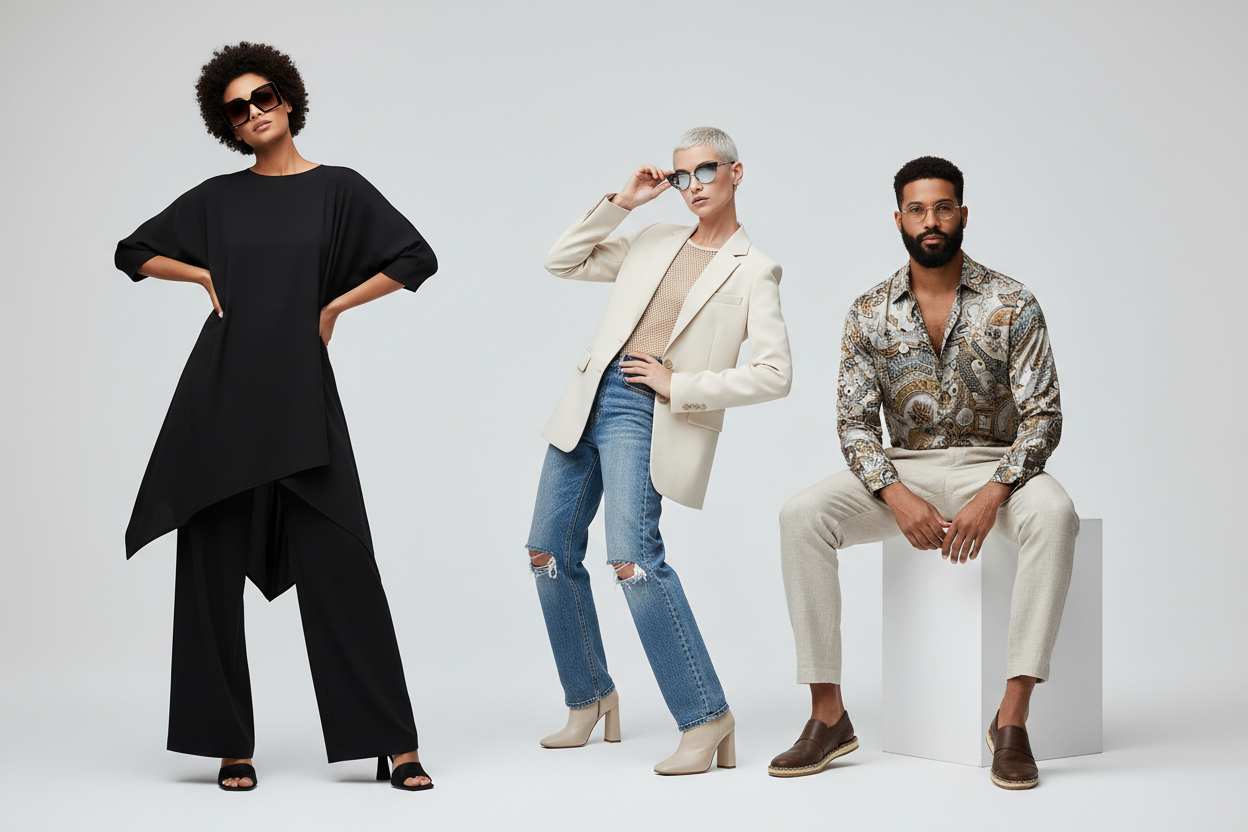 3 models wearing trendy eyewear , modern fashion poses , used for pop up image